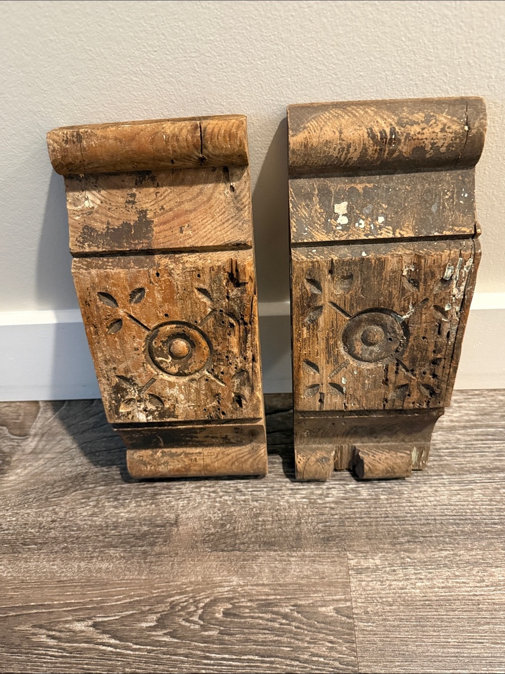 Antique Hand Carved Wood Plinth Blocks Pair Primitive Farmhouse Salvage